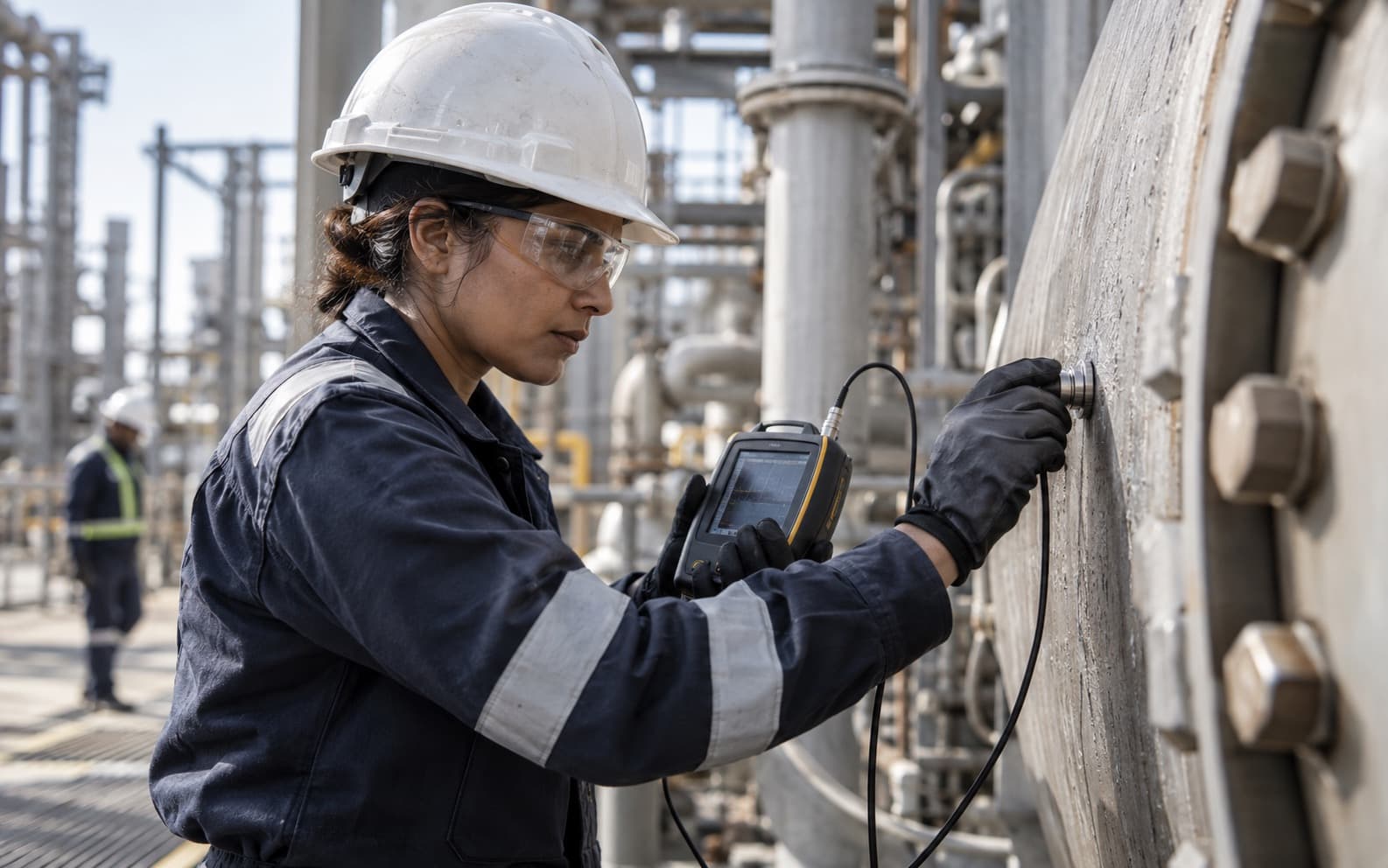 An inspector recording a measurement against a certified reference on a vessel wall.