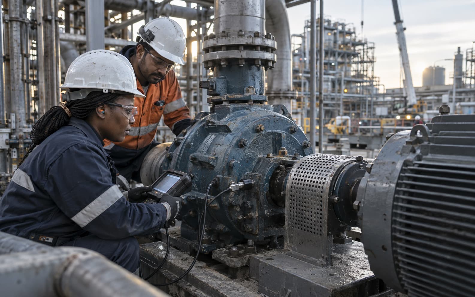 A reliability engineer taking vibration readings from a running pump set.