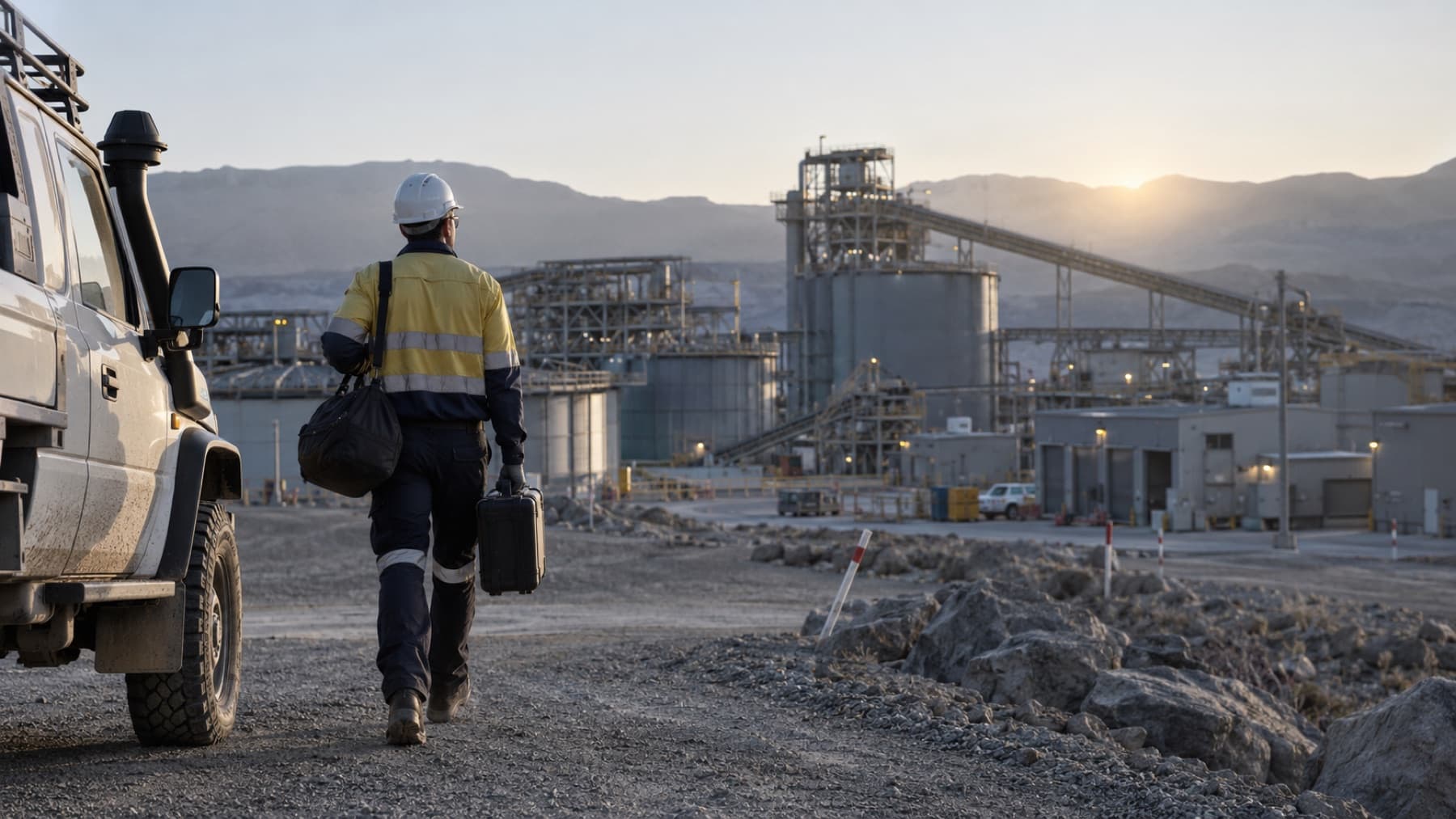 An engineer walking from a site vehicle towards a remote processing plant at sunrise, a kit bag over one shoulder and an instrument case in hand.