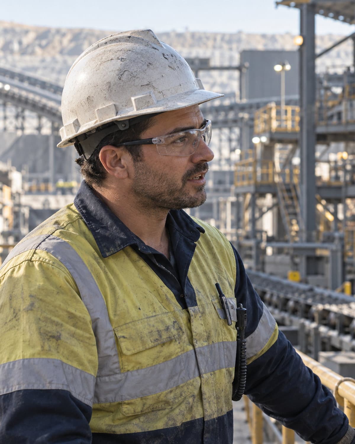An experienced process professional watching a conveyor and mill circuit from an access walkway.