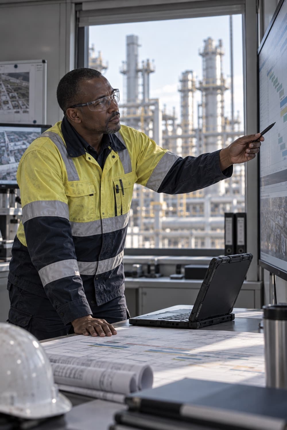 A project controls lead explaining an integrated schedule on screen in a site planning room, a processing plant beyond the window.