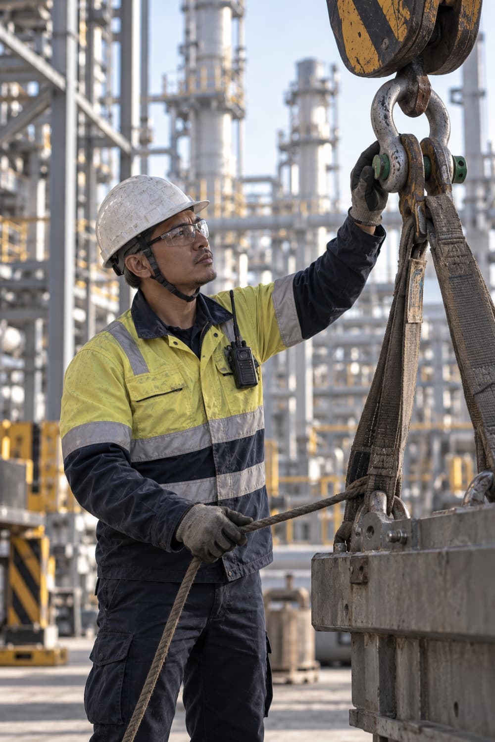 A rigging supervisor steadying a load beneath a crane hook, one hand on the shackle and a tag line in the other.