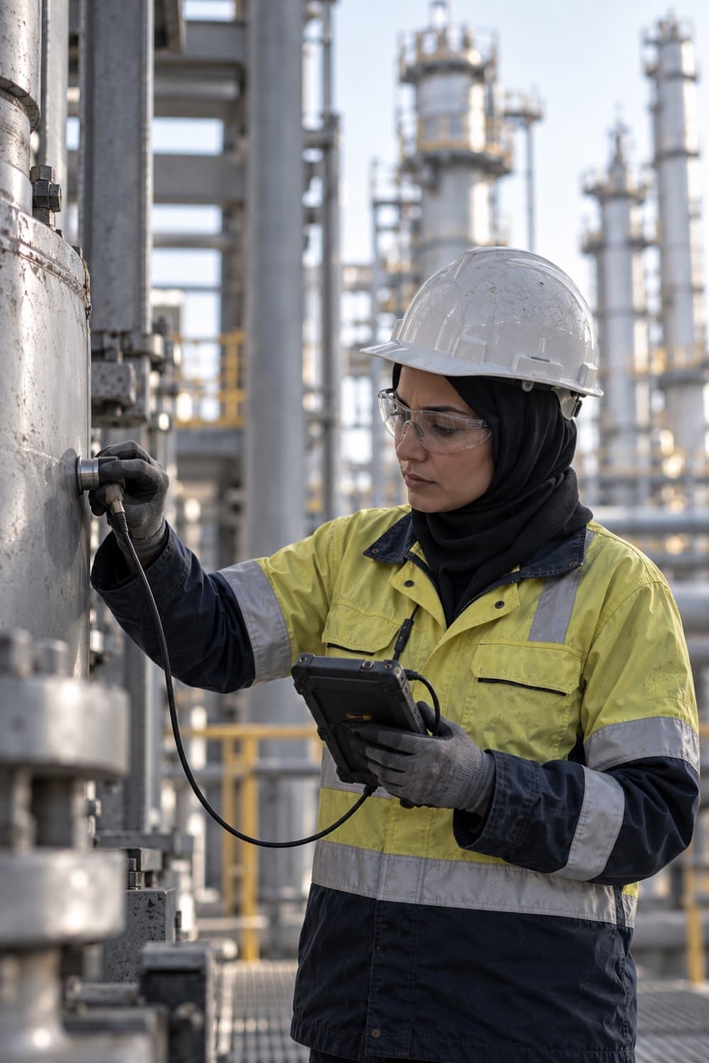 A reliability specialist taking an ultrasonic thickness reading on a process vessel, the probe in one hand and a rugged tablet in the other.
