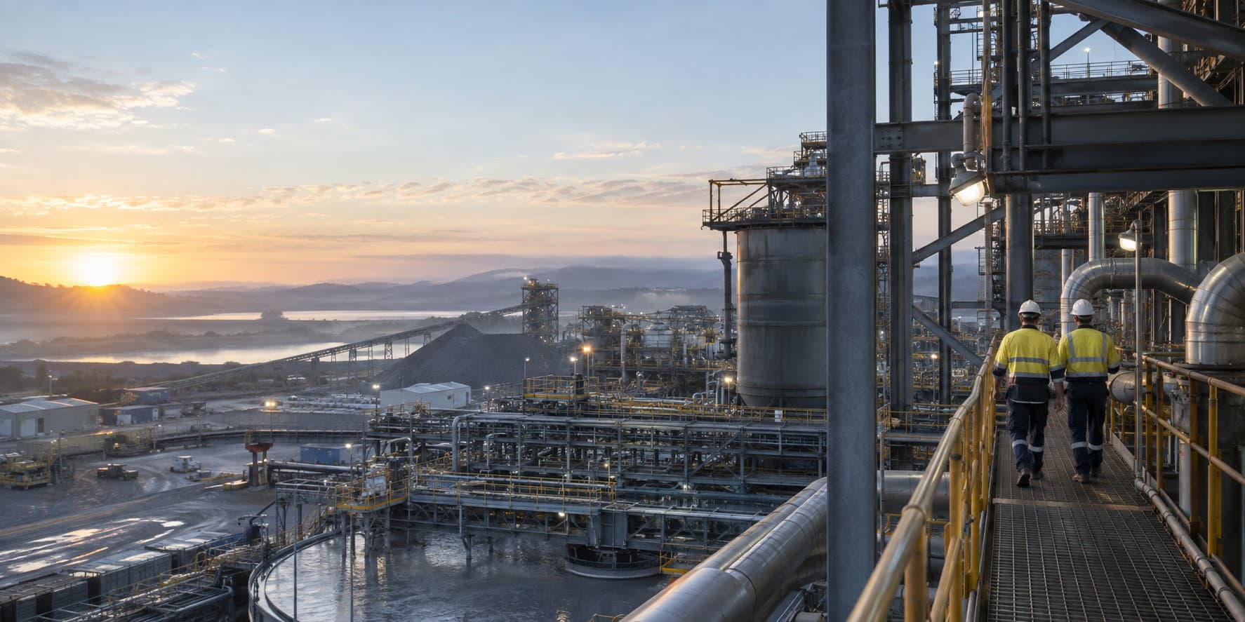 A mineral processing facility at sunrise, seen from an elevated walkway.