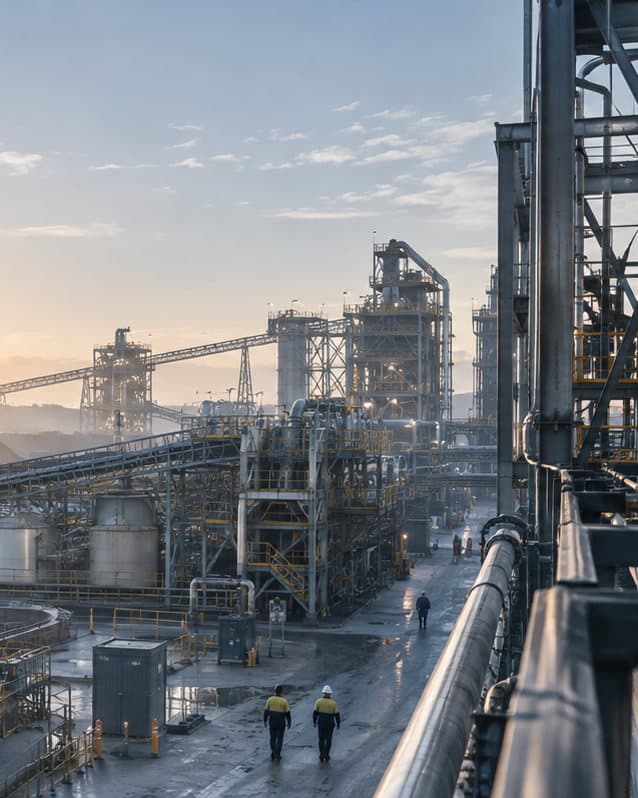 A mineral processing facility at first light, with two workers crossing the plant area.