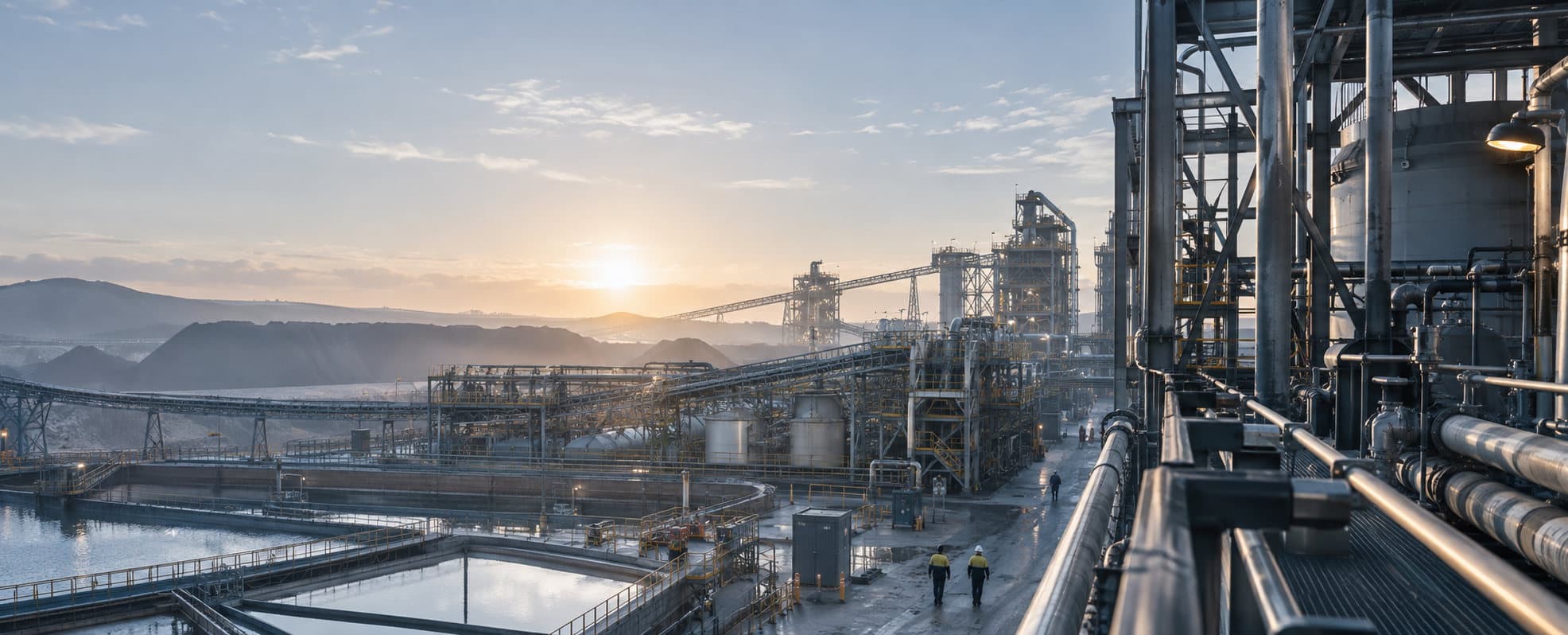 A mineral processing facility at first light, with two workers crossing the plant area.