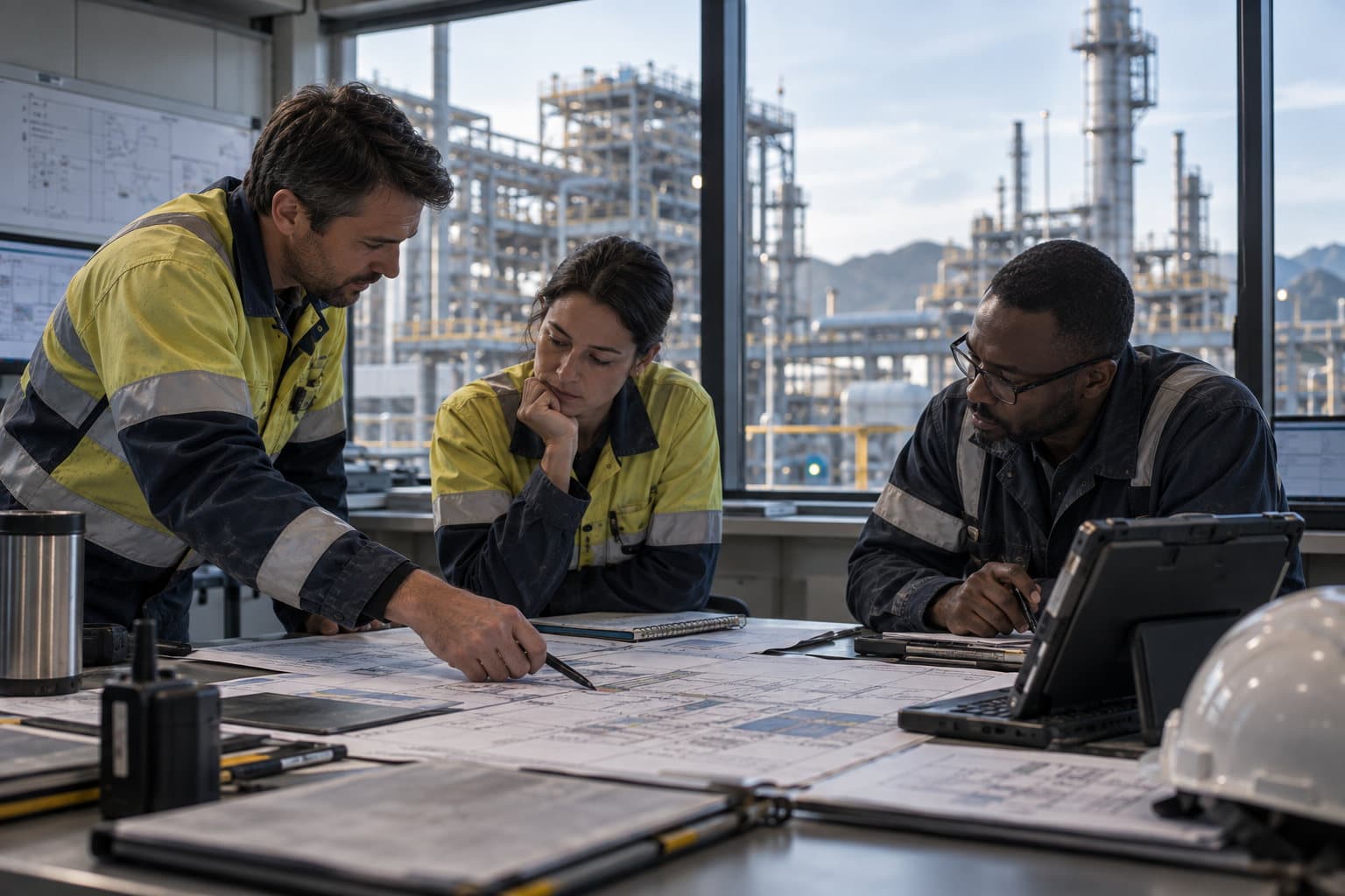 Three industrial professionals reviewing drawings in a site planning room, with a process plant visible through the window.